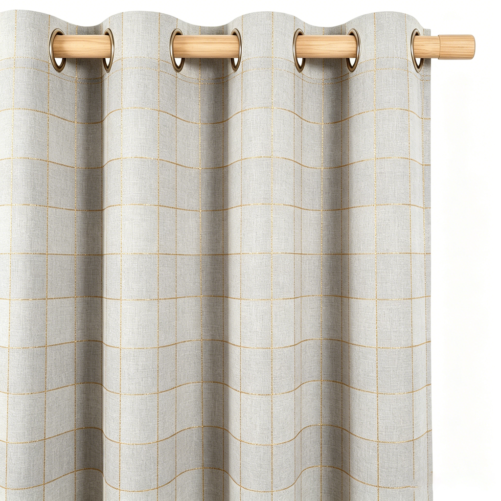 Dove Grey and Champagne Gold Windowpane Grommet Curtain Panel