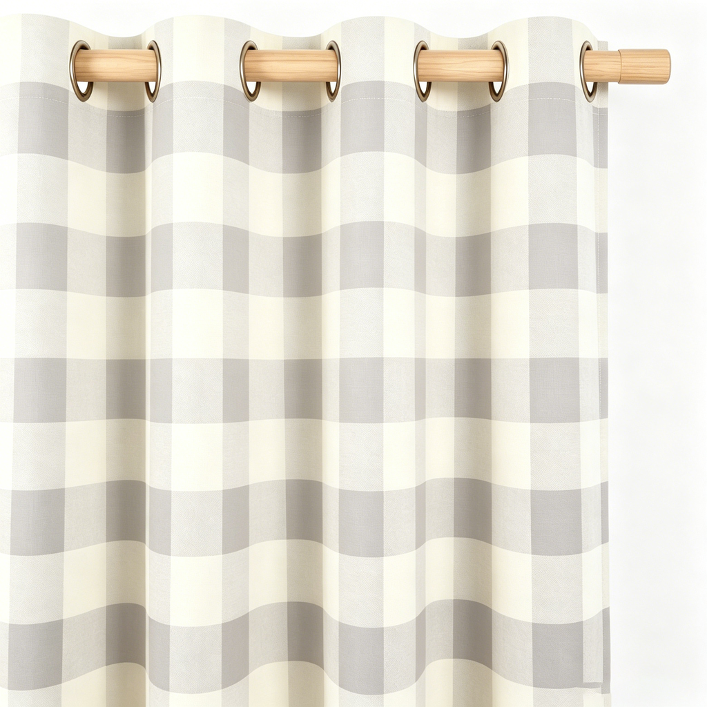 Muted Ivory and Soft Grey Heritage Check Grommet Curtain Panel