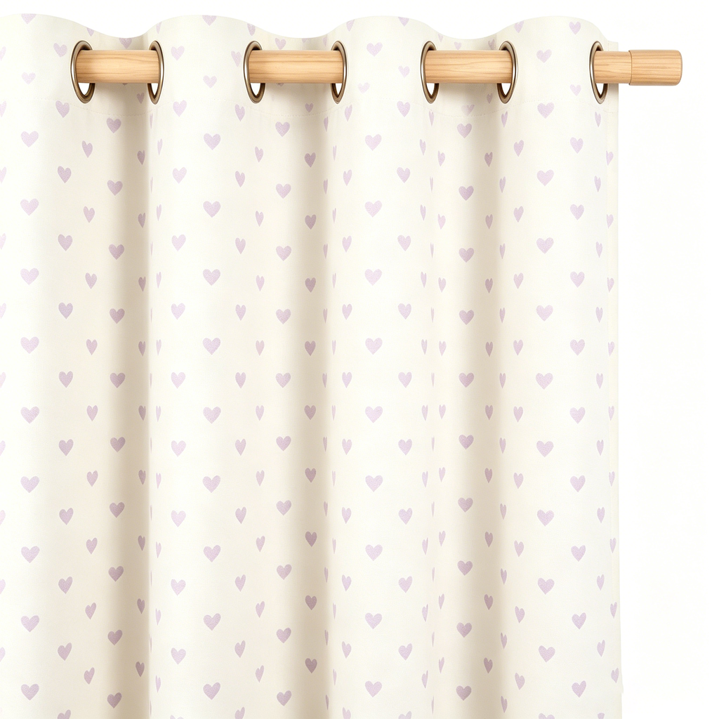 Muted Ivory and Soft Lavender Heart Motif Grommet Curtain Panel