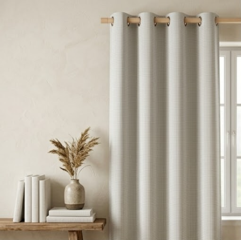 Muted Grey Micro-Check Grommet Curtain Panel