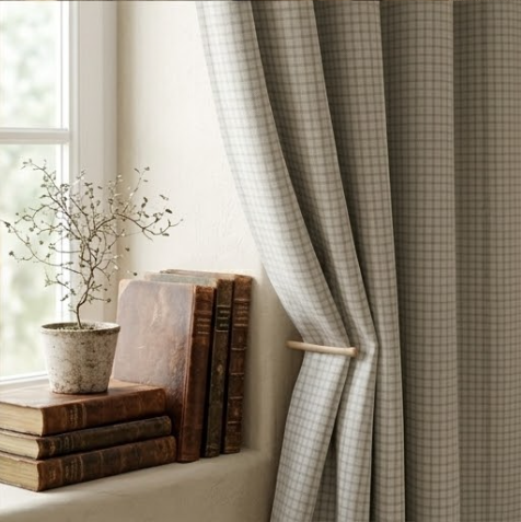 Muted Grey Micro-Check Grommet Curtain Panel