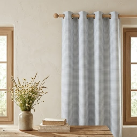 Soft Blue Micro-Check Grommet Curtain Panel