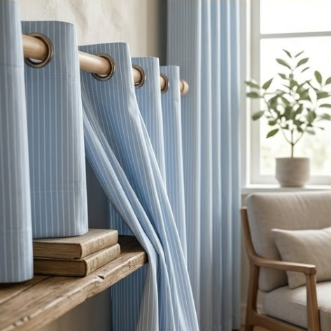 Powder Blue Tailored Pinstripe Grommet Curtain Panel