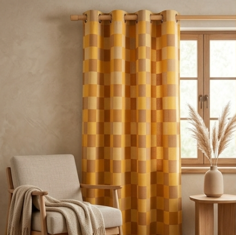 Heritage Ochre and Warm Taupe Checkerboard Grommet Curtain Panel