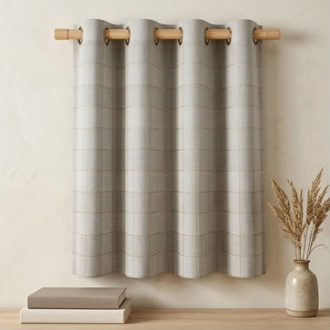 Dove Grey and Champagne Gold Windowpane Grommet Curtain Panel