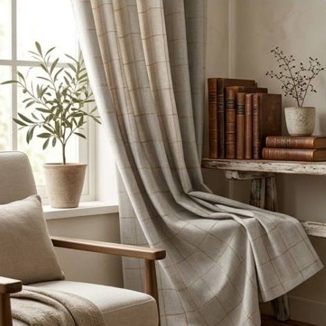 Dove Grey and Champagne Gold Windowpane Grommet Curtain Panel