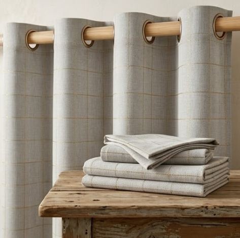 Dove Grey and Champagne Gold Windowpane Grommet Curtain Panel