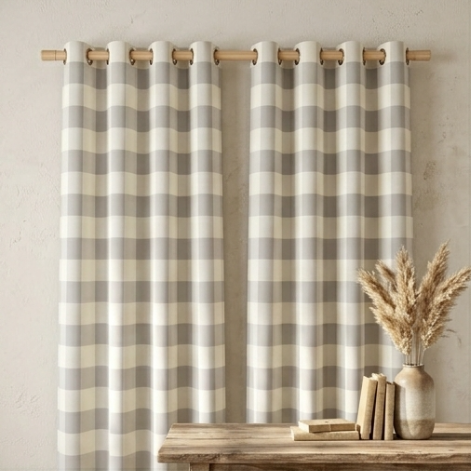 Muted Ivory and Soft Grey Heritage Check Grommet Curtain Panel