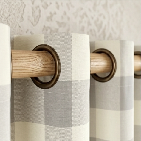 Muted Ivory and Soft Grey Heritage Check Grommet Curtain Panel