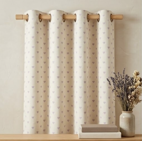 Muted Ivory and Soft Lavender Heart Motif Grommet Curtain Panel