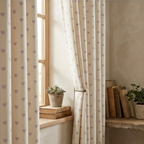Muted Ivory and Soft Lavender Heart Motif Grommet Curtain Panel