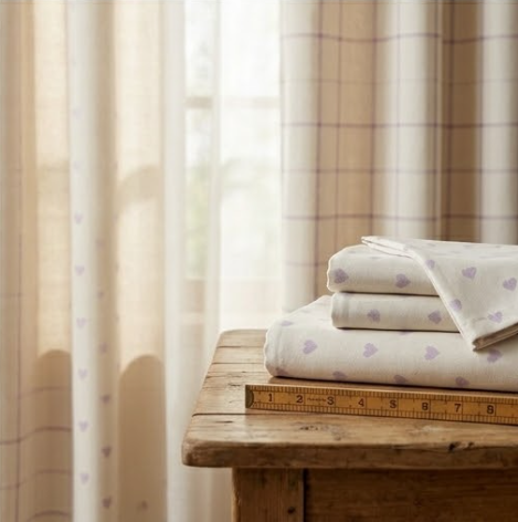 Muted Ivory and Soft Lavender Heart Motif Grommet Curtain Panel